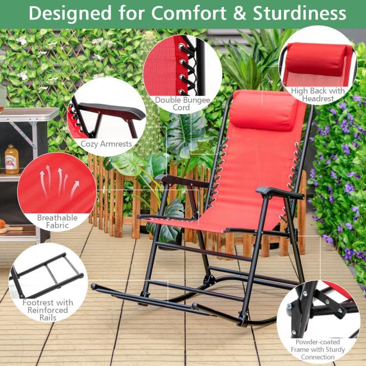 Generic Outdoor Patio Camping Lightweight Folding Rocking Chair with Footrest-red, XYT-79