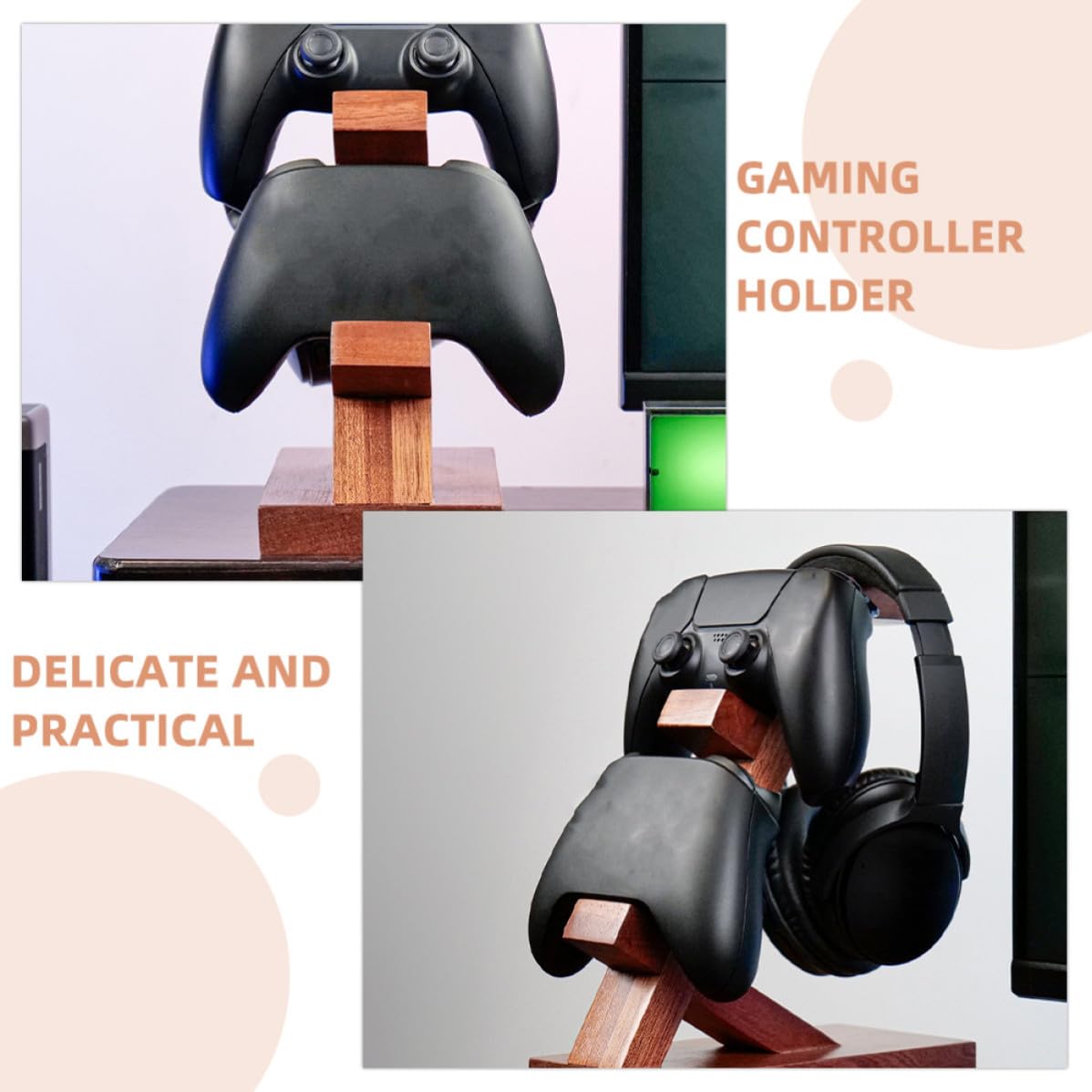 Soporte Barrón de Auriculares y Controlador para Juego de Madera Marrón, Diseño Simple para Exhibición y Almacenamiento en Habitación Gaming