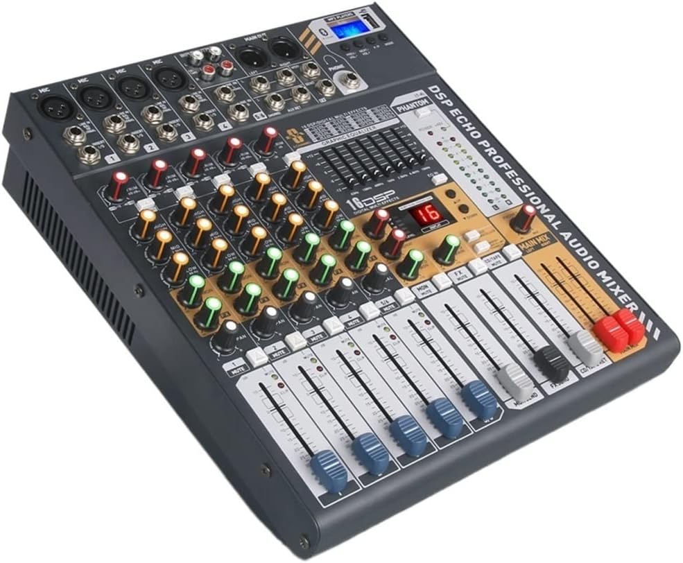 Audio Mixer, 6 Channels Mixer Dj Consoler with 48V Phantom Power USB for Recording Stage