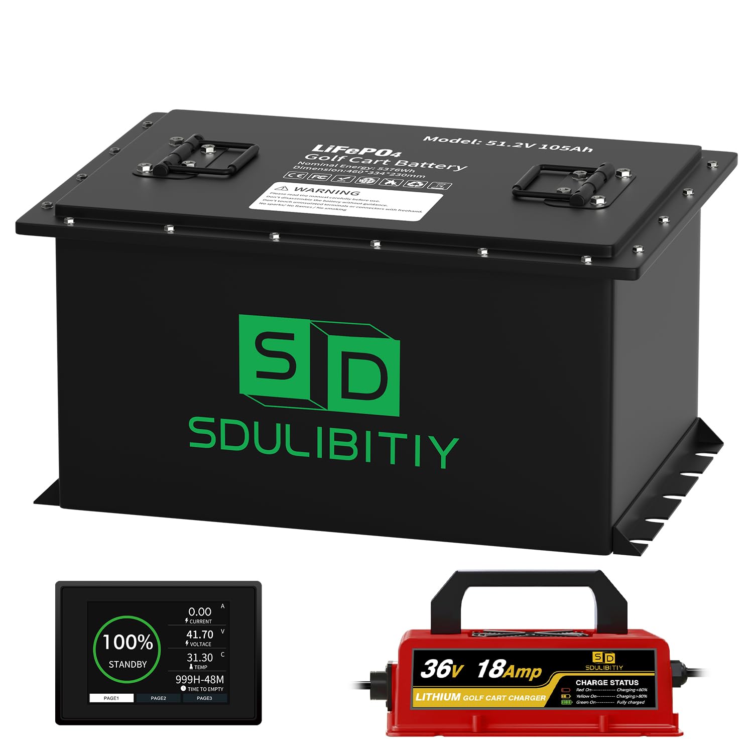 48V 105Ah LiFePO4 Lithium Golf Cart Battery, Built-in Smart 200A BMS, with Touch Monitor, Mobile APP, 4000+ Cycles Rechargeable Lithium Golf Cart Battery, Max 10.24kW Power Output for Golf Cart