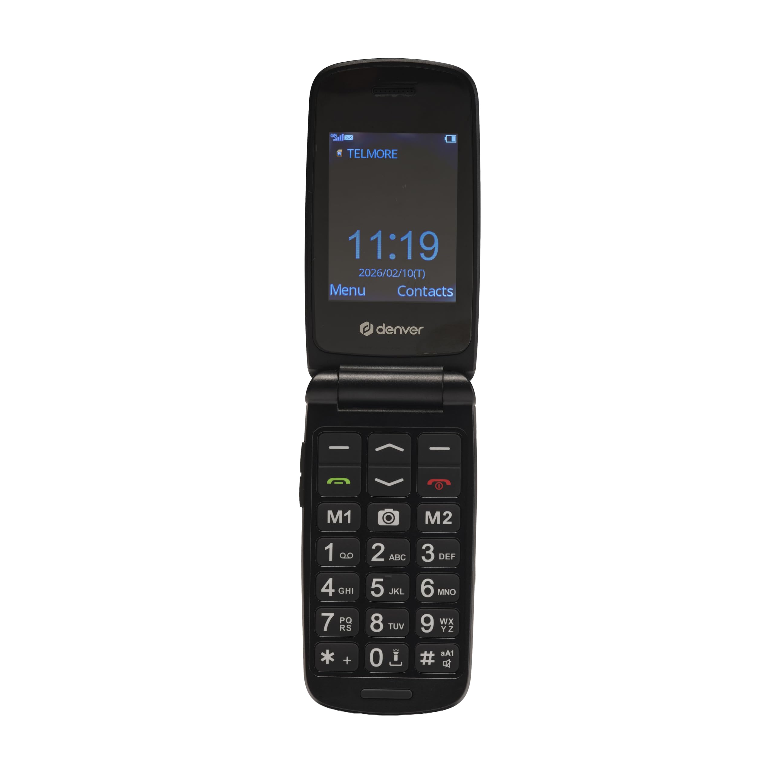 Denver BAS-24800L - Teléfono móvil para personas mayores 4G con estación de carga y botón de emergencia SOS, teclas grandes, sin contrato, volta, Bluetooth, radio FM, linterna, IP54, pantalla a color