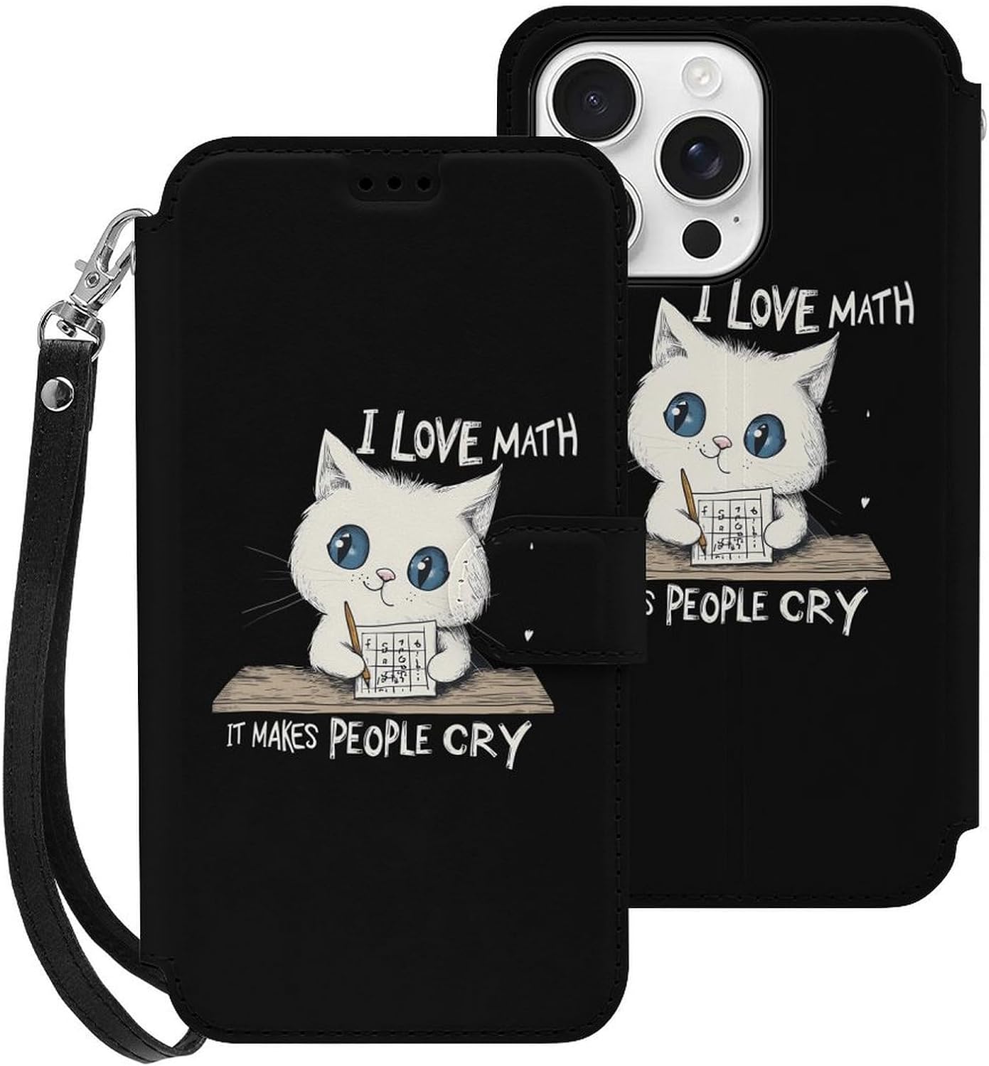 Cats Love Math Compatible with iPhone 16/16 Plus/16 Pro/16 Pro Max/16 E Case Phone Wallet Card Holder Flip Cover with Wrist Strap