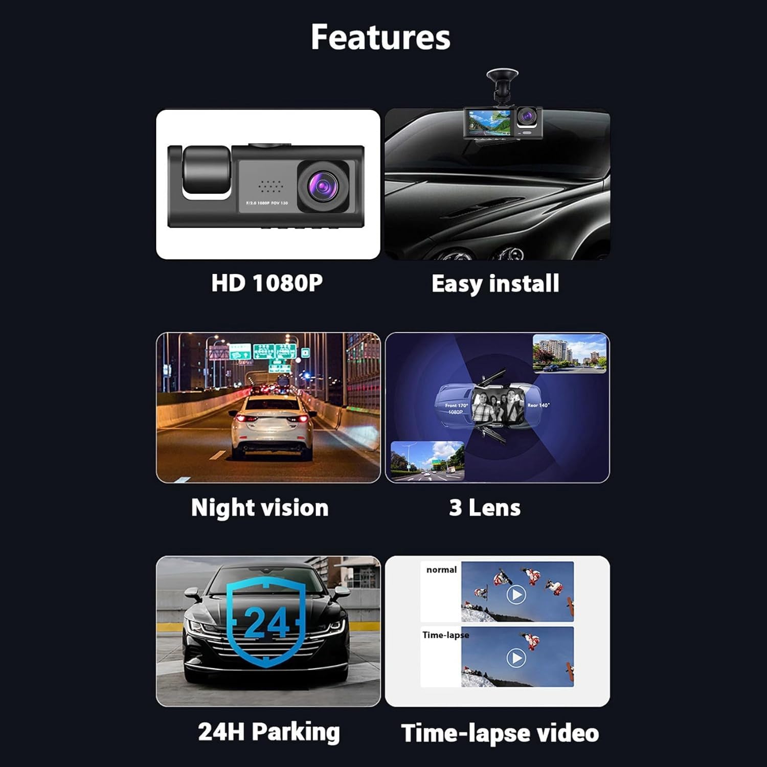 Dash Cam Auto 3 Lenti Full HD 1080P, Tripla Videocamera Frontale + Abitacolo + Posteriore, Visione Notturna, Monitoraggio Parcheggio 24H, Display Integrato, Installazione Facile con Supporto Ventosa