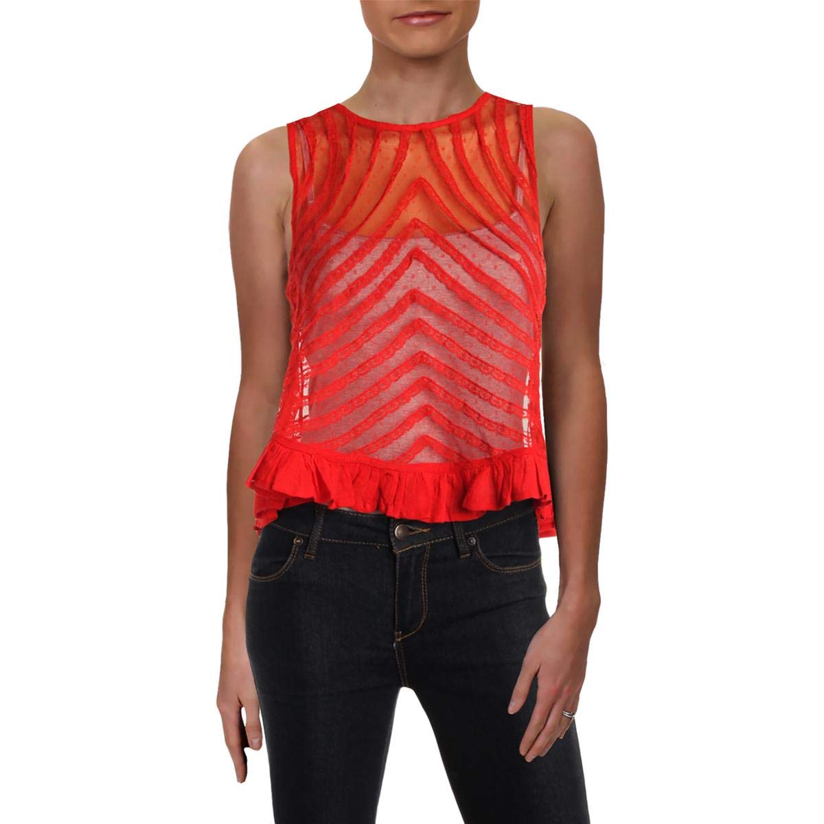 Free People Womens Shes A Doll Lace Cropped Tank Top Red M