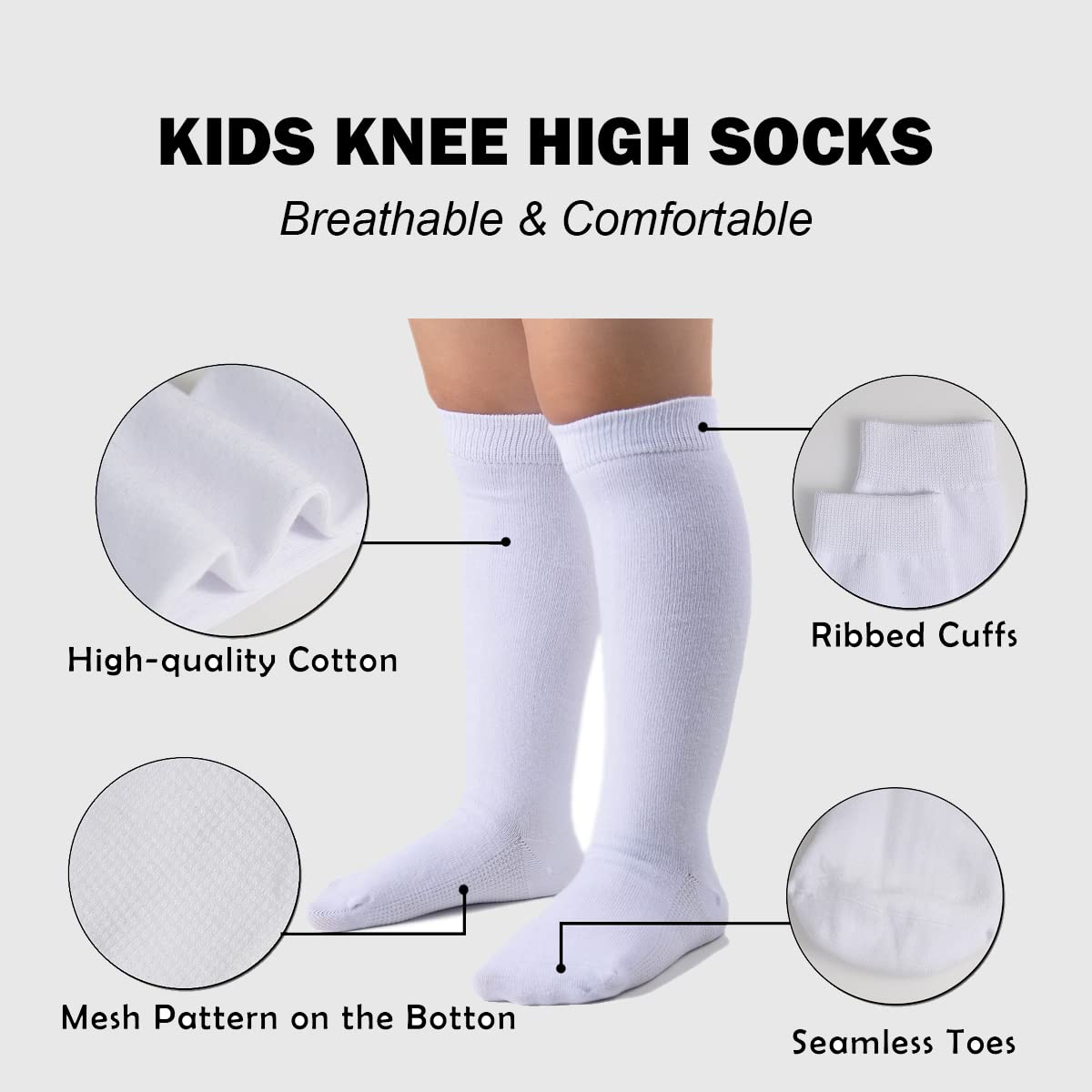 Marchare Calcetines hasta la rodilla para niñas, uniformes escolares, calcetines de algodón sin costuras, color blanco, negro y gris, paquete de 3/6