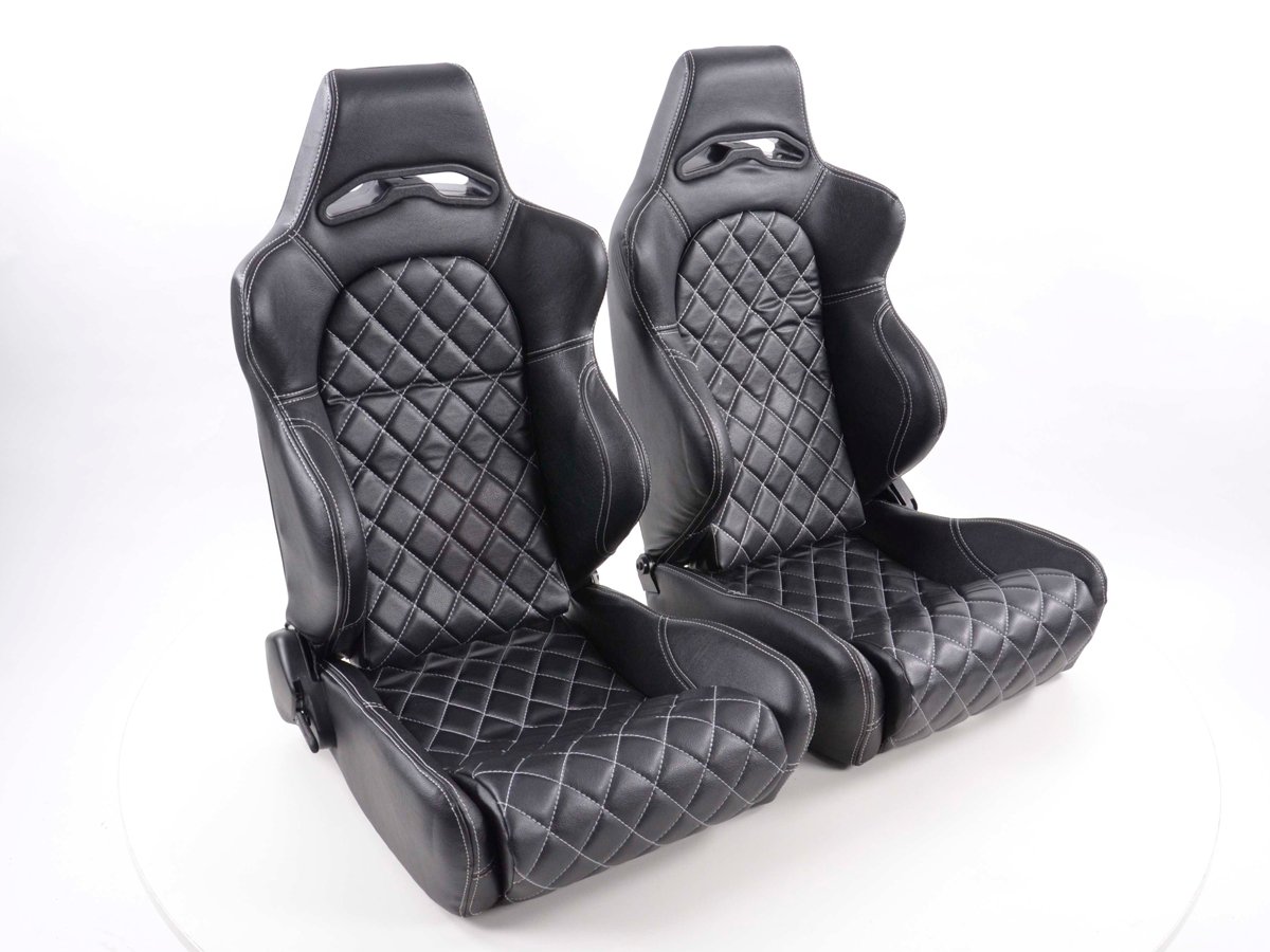 FK-Automotive, set di 2 sedili sportivi (1 destro e 1 sinistro), in finta pelle di colore nero con cuciture bianche