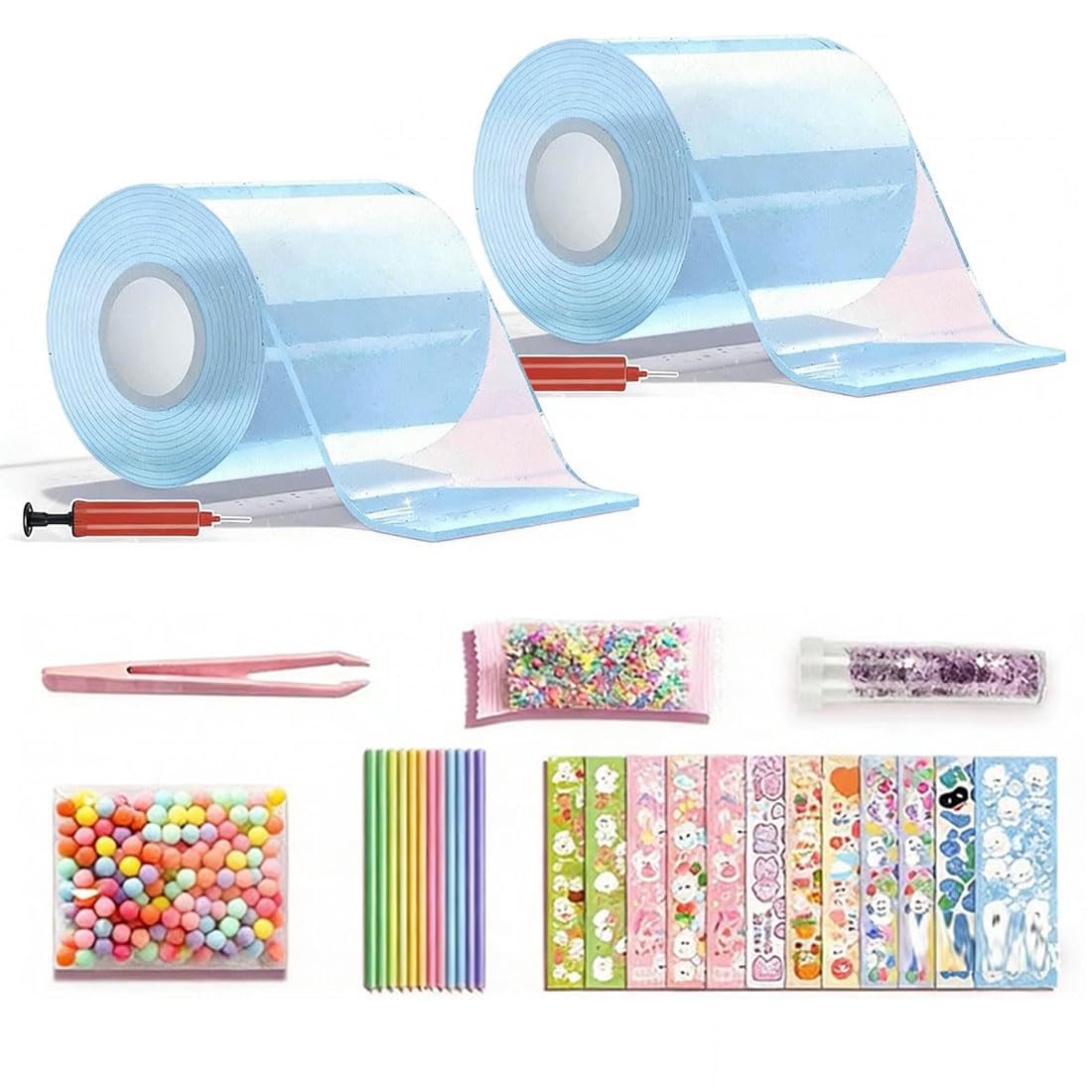 ALCOGOALL Glitter Bubble Nano Tape Toy Set, Nano Tape Bubble Kit for Kids, DIY Nano Tape Squish-y Making Kit, Double Sided Adhesive Bubbles with Glitter Stickers for Boys Girls Age 2 Set (Blue)