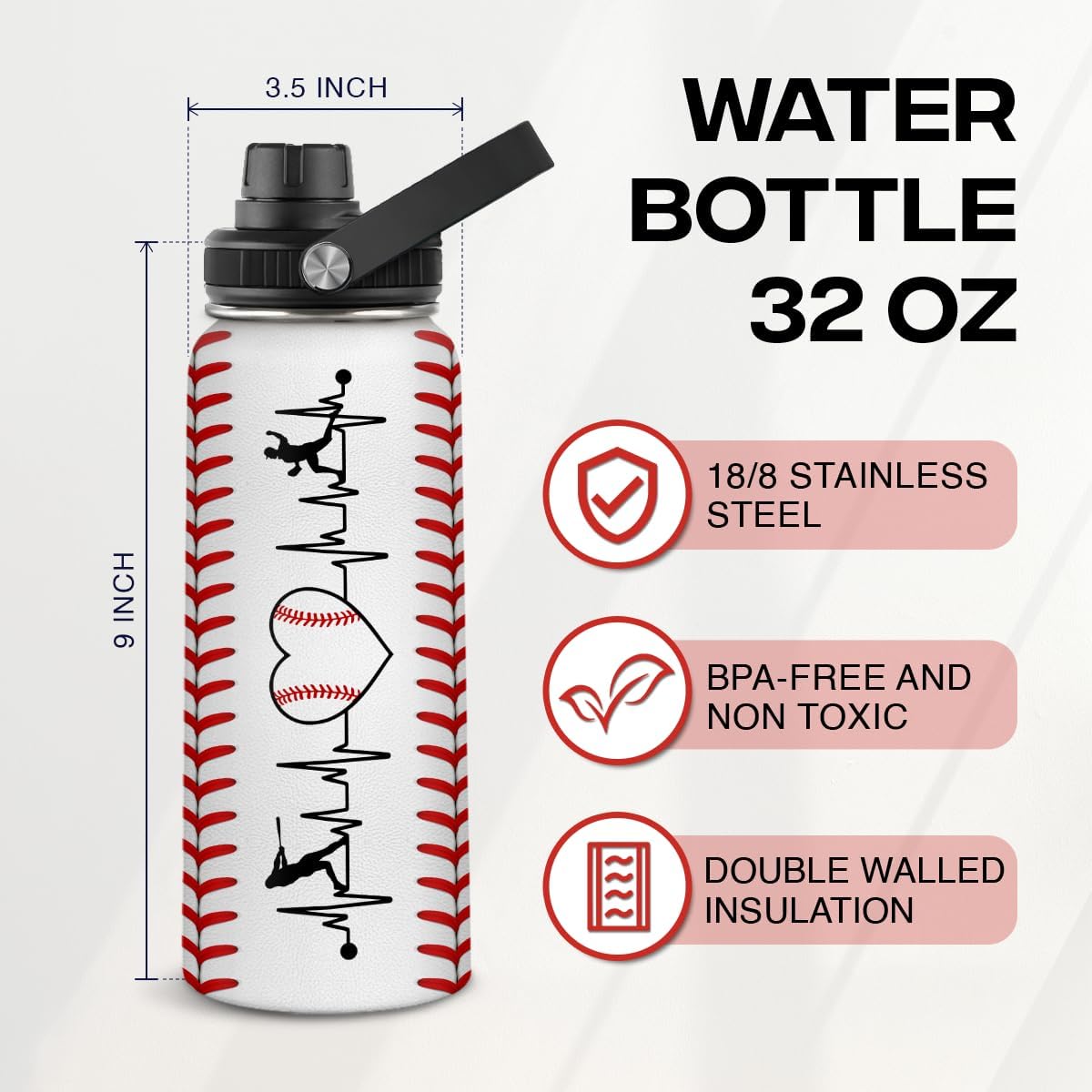 Baseball Water Bottle 32oz Stainless Steel Insulated Bottle for Men, Women, Sports Lovers - Baseball Gifts for Birthday, Christmas - Image 2