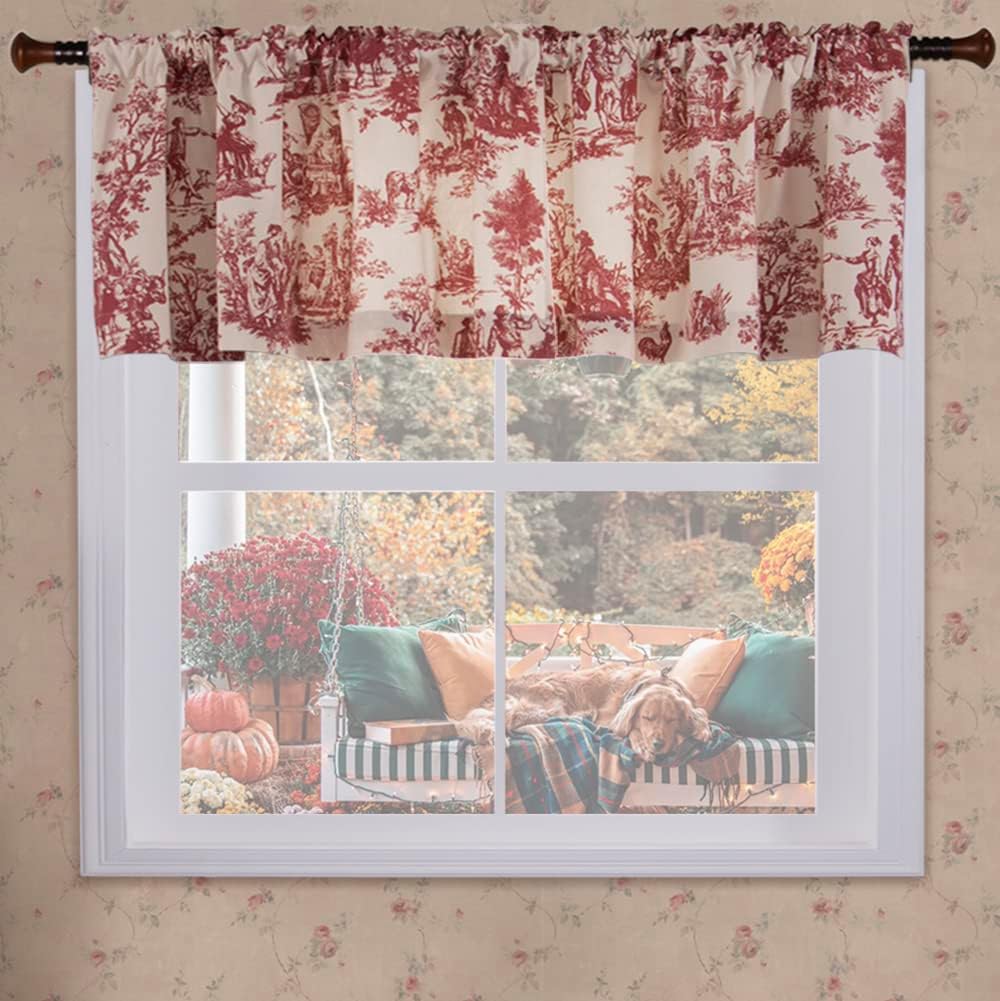 Red and Cream Beige Valance Curtains for Kitchen Windows,Country Farmhouse Style Vintage Toile de Jouy Printed Pattern on White Cotton Fabric Floral Valances for Living Room Bedroom,18 Inch Length