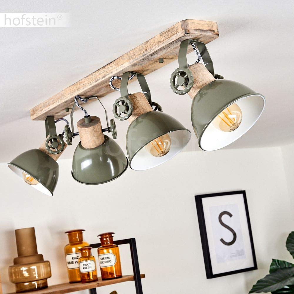 Lámpara de techo Orny, foco de techo de 4 luces de madera y metal en verde, lámpara de interior de aspecto industrial/vintage, 4 x E27, las cabezas de las lámparas son ajustables,sin bombilla(s)