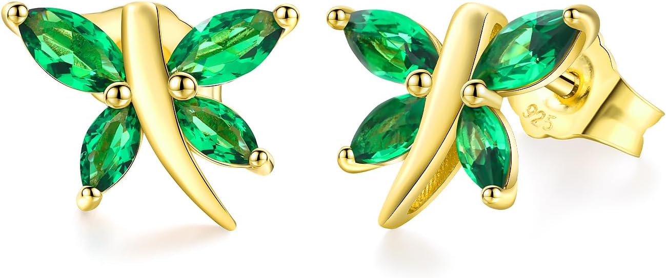 RANDES 925 Sterling Silver Dragonfly Stud Earrings for Women Trendy Dainty Cute Earrings Ruby/Sapphire/Emerald Gemstone Studs Birthstone Anniversary Jewelry