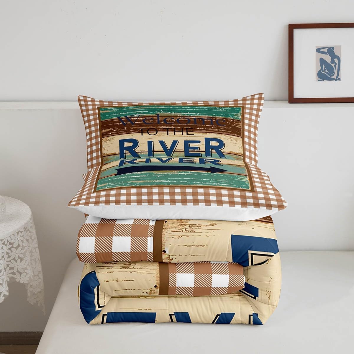 Erosebridal River Lake House Bedding Set King Rustic Lodge Cabin Comforter Set, Retro Barn Door Striped Duvet Insert Teal Brown Quilt Sets, Grid Checkered Bedding Comforters & Sets 3 Pieces