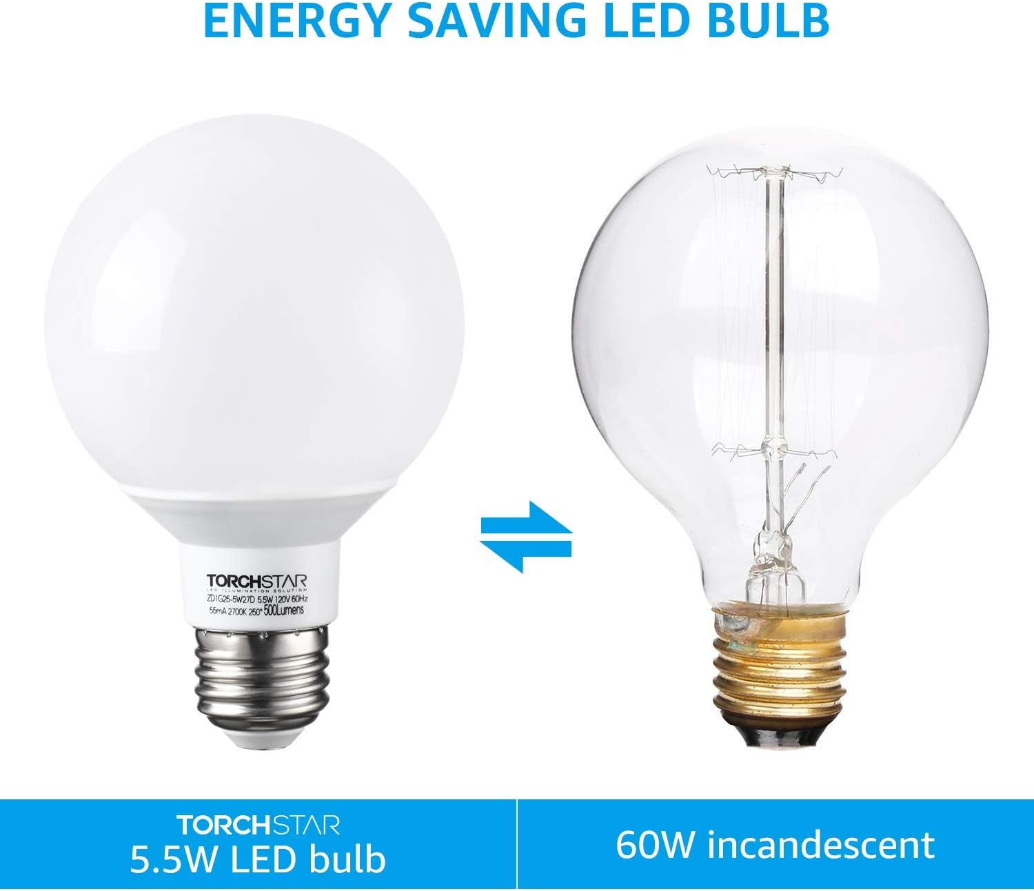 TORCHSTAR G25 LED Globe Light Bulbs, Dimmable, 2700K Soft White, Vanity Light Bulb, UL & Energy Star Listed, E26 Base, Pack of 6