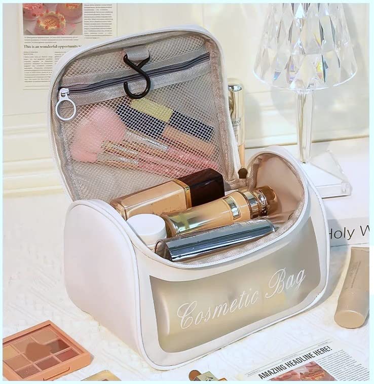 Viulvuk Multi-functional Large Makeup Pouch for Women | Waterproof PVC Cosmetic Bags with Hook for Girls | Toiletry Storage Wash Bag | Travel Organizer for Bath Accessories & Grooming Kit - White 2
