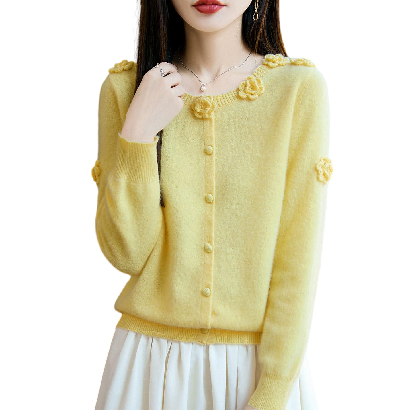 Chaqueta De Punto Mujer Cárdigans De Cachemir para Mujer Cárdigan De Manga Larga con Botones Y Estampado De Rosas Jersey De Cachemir De Cuello Redondo Suéteres De Lana De Punto Suave S