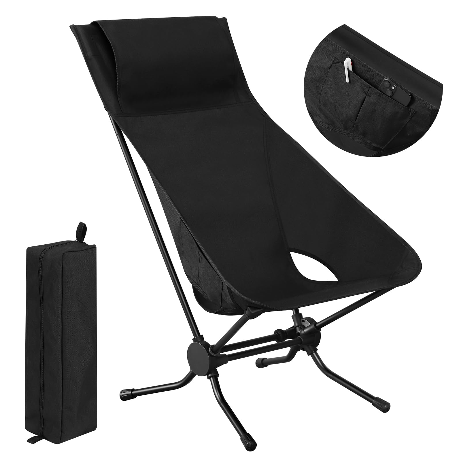 WOLTU Silla Camping Plegable, Silla Exterior ALU Ultraligera, Carga de 150 kg, Respaldo Alto, Silla de Pesca Portátil con Bolsa de Transporte para Playa, Picnic, Senderismo, Negro, CPS8157sz