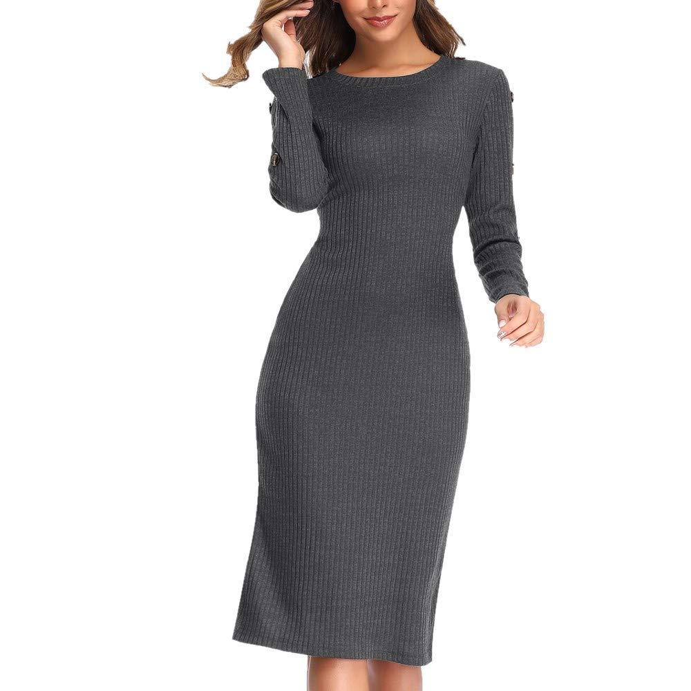 Discount Boutique Dress 2019 Autumn and Winter Round Neck Button Long-Sleeve Knit Dress Stretch Slim Sweater Dress
