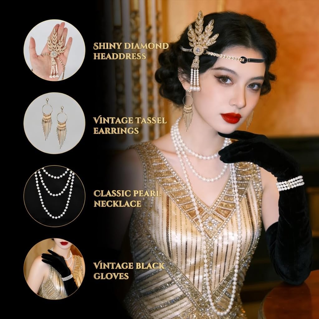 TRUEIN 8-częściowy zestaw akcesoriów z lat 20., akcesoria damskie z lat 1920, zestaw akcesoriów Great Gatsby, zestaw z motywem Roaring 20's, kostium z lat 1920 z koronkami, wachlarze składane, szalik