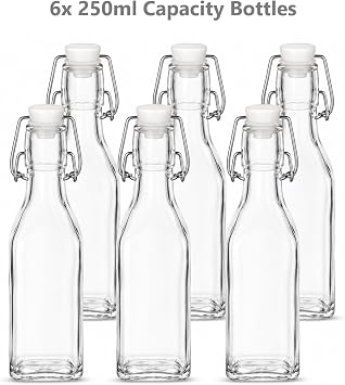 250ml Glass Bottles with Stoppers, 6 Pack Clip Top Preserve Bottles | Airtight Swing Top Bottles, Ideal for Juice, Milk, Oil, Vinegar, Syrups, Sauces and Homebrew - Vintage Style Kitchen Storage