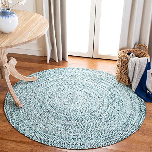 Safavieh Braided Collection BRD701J Hand-Woven Cotton Area Rug, 4' Round, Aqua/Ivory