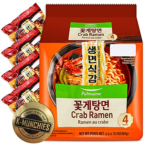 Pulmuone Non-Fried Ramyun Korean Noodles - 4 Pack Korean Instant Noodles Crab Flavor - Easy to Cook Authentic Korean Ramen with Distinctly Asian Broth and Chewy Noodle