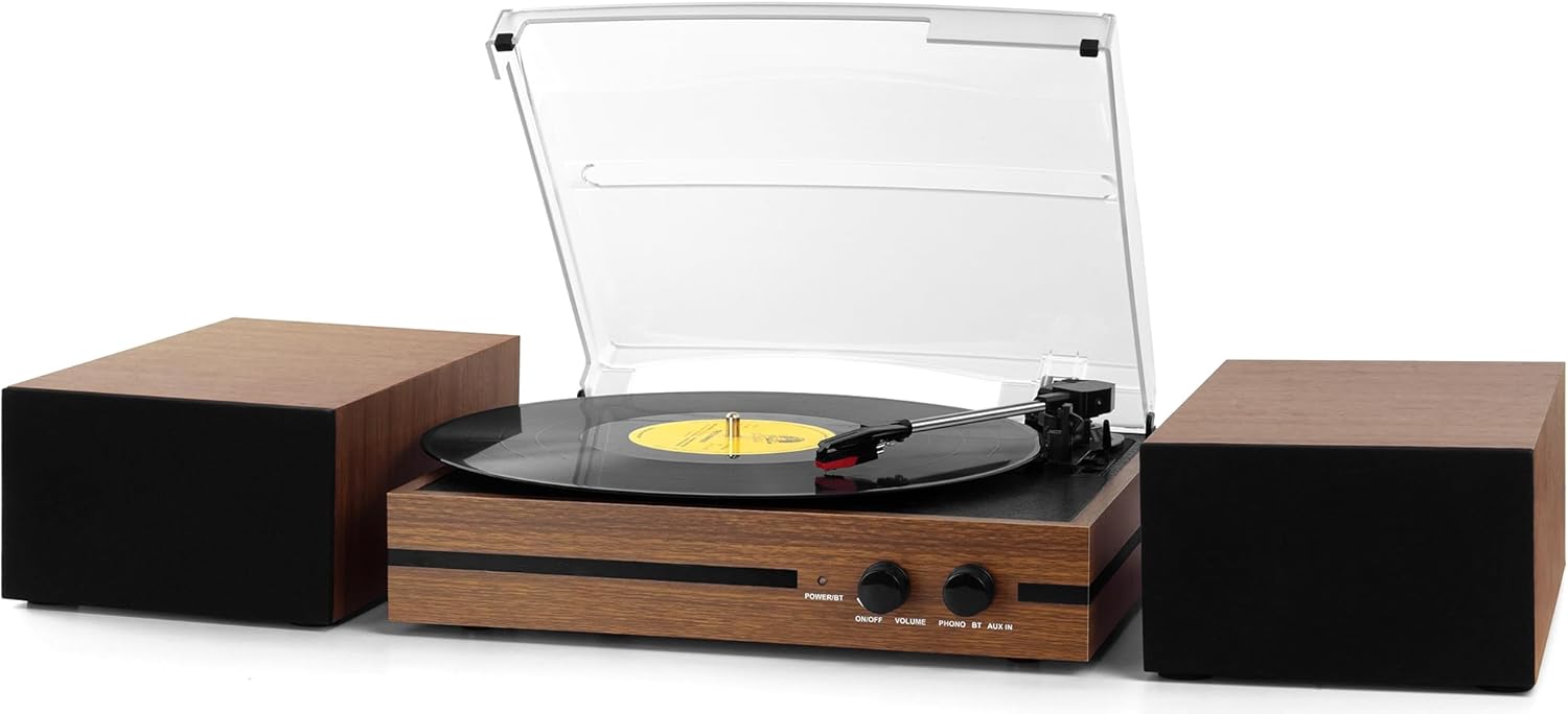 Vinyl Record Player with Dual Stereo Bookshelf Speakers Vintage Belt Drive Bluetooth Turntable with External Speakers,Convert Vinyl to MP3,LP Players AUX Headphone Input RCA Out,Brown