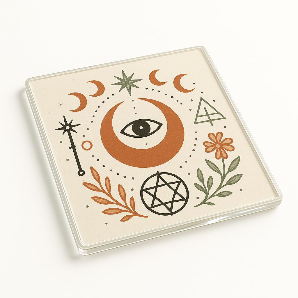 The Plum Penguin Mystic Moon Art Acrylic Coaster Gift For Halloween - Enchanting Pagan Symbols, Moon Phases, Boho Line Art Home Decor