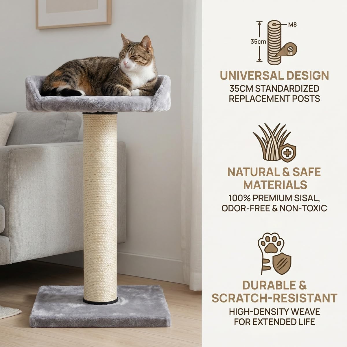 2 Pcs Poteau de Rechange Arbre à Chat 35 x 6.5 cm avec Vis M8, Tronc de Rechange Griffoir Chat, Poteau à Griffer de Remplacement avec Corde en Sisal, pour Rénovation Colonne à Griffer d'Animau
