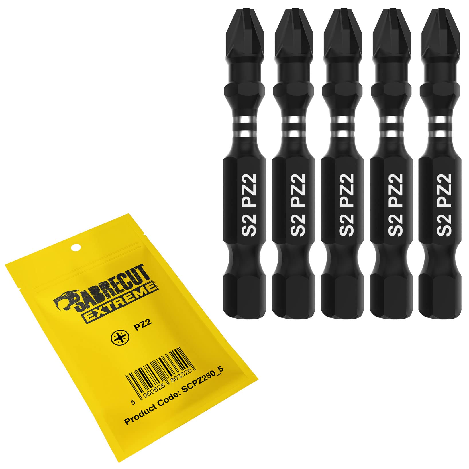 Sabrecut 5 X Scpz250_5 50Mm Pz2 Impact Screwdriver Driver Bits Set Single Ended Pozidriv Pozi No.2 Heavy Duty
