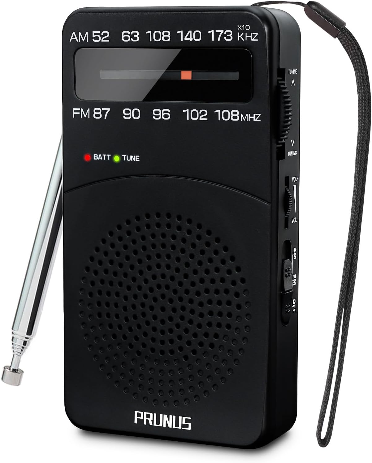 PRUNUS J-166 Portable Radio AM FM, Battery Operated with Tuning Light, Back Clip, Excellent Reception, AM FM Portable, Transistor(Black)
