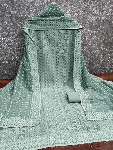 Image of Sidhidata Women's Faux Georgette Full Embroidery Lucknowi Chikankari Schiffli Work Unstitched Salwar Suit Dress Material With Embroidered Dupatta (DM Lucknowi Free Size)