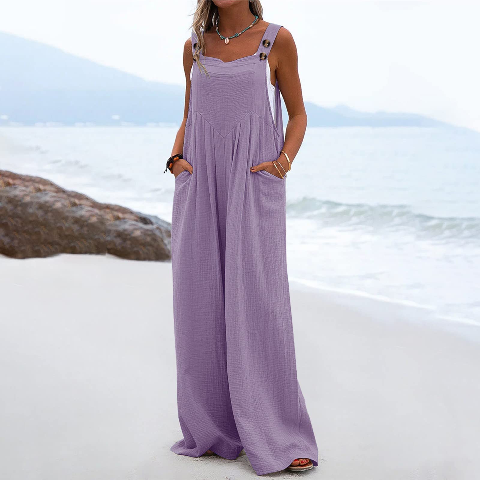 IQYU Tuta estiva da donna, leggera, estiva, lunga, a gamba larga, pantaloni estivi, eleganti e festivi, in stile vintage, pantaloni da spiaggia, salopette, grandi dimensioni, in lino, salopette in