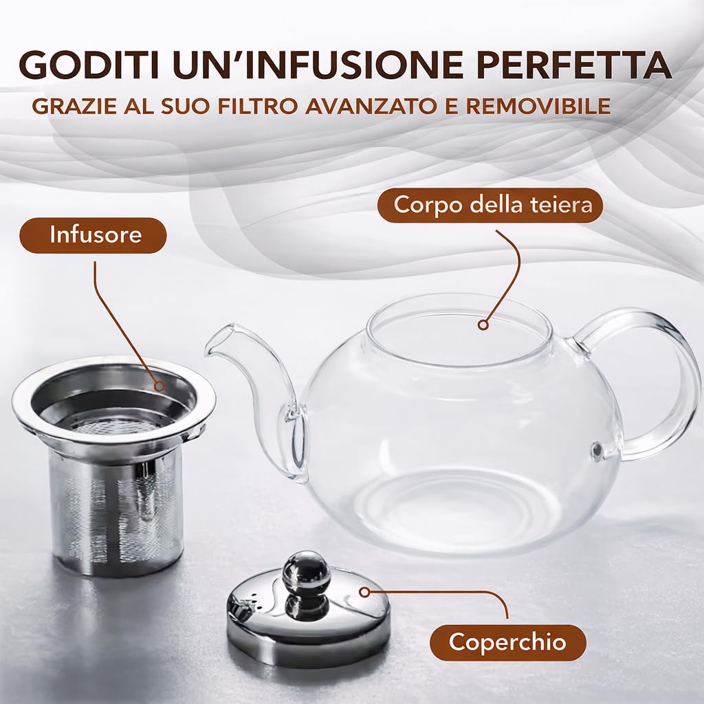 Teiera in vetro borosilicato - Bollitore per tè - Teiere con infusore rimovibile - 800ml