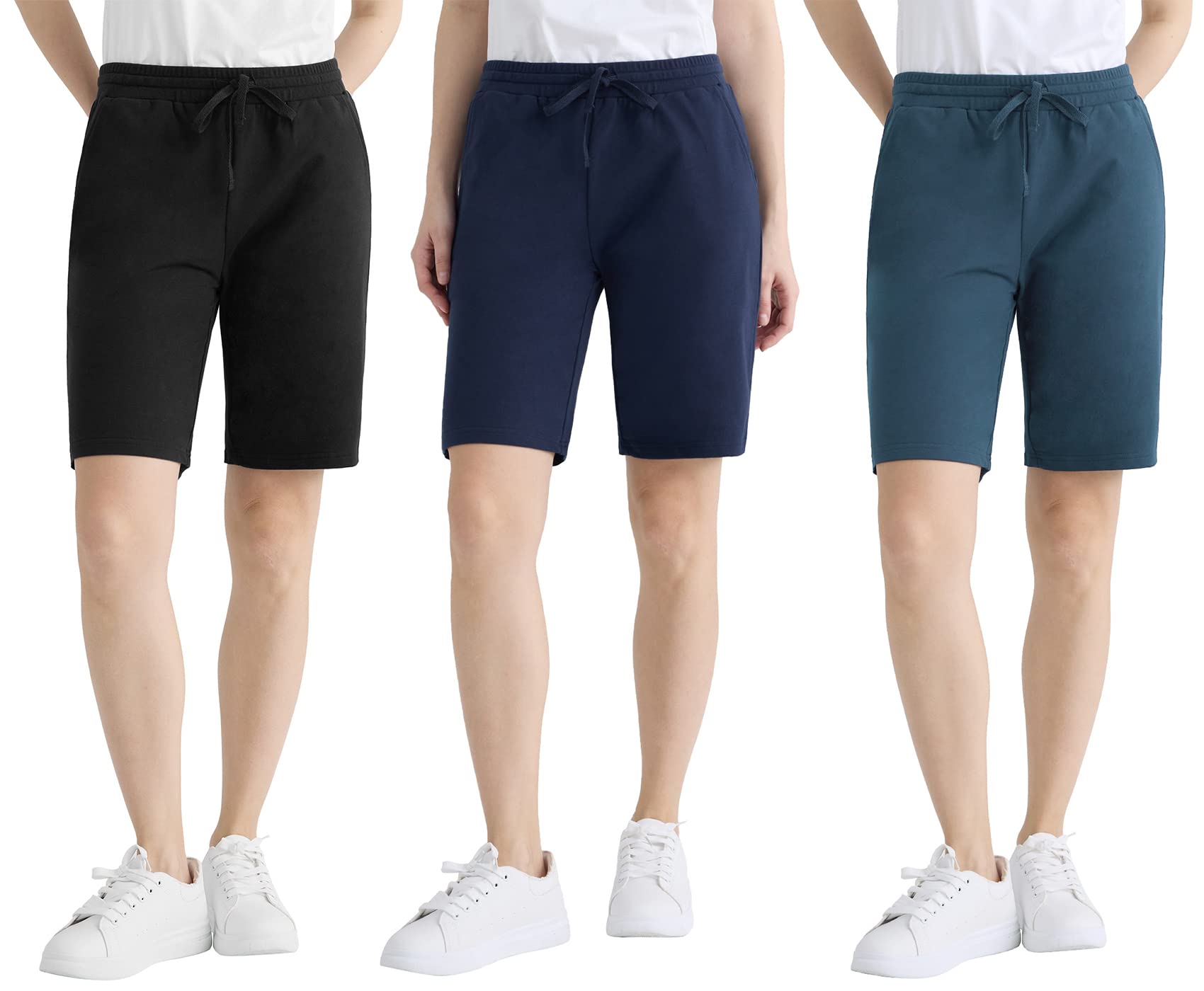 WeinteeWomen's 9" Inseam Cotton Bermuda Shorts with Pockets 3 Pack