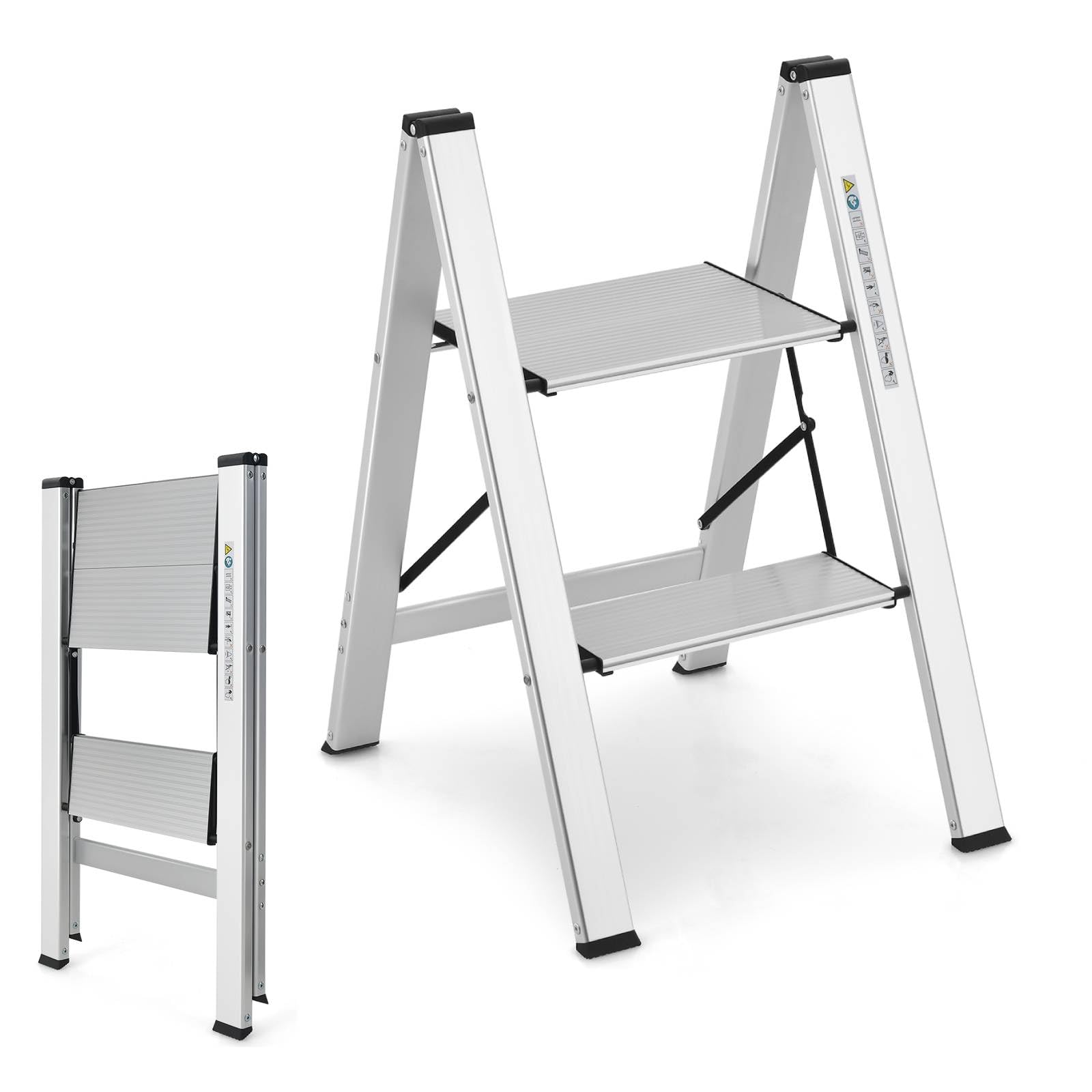 TANGZONFolding 2/3 Step Ladder, Aluminum Step Stool with Widen Anti-Slip Pedals, 150KG Portable Tread Stepladder for Household Office Garage Shop (49 x 44 x 66cm, 2 Step)