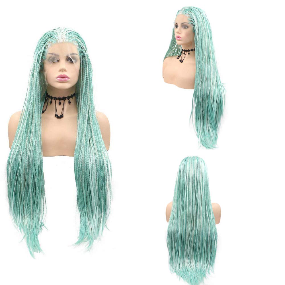 Kalisa Long Straight Mint Green Braid Lace Front Wigs Green Mix White Free Part Fully Handmade Wig Heat Resistant Fiber Box Braided Synthetic Daily Wigs for Women 26 Inches