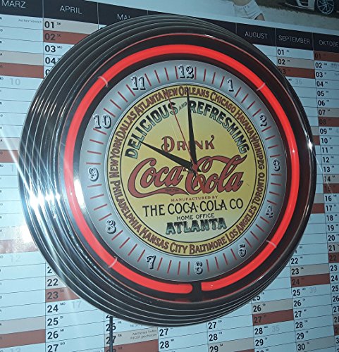 EÓN CLOCK RELOJ DE NEÓN COCA COLA ATLANA, WANDUR MIT ROJOS NEÓN ILUMINACIÓN ESTILO RETRO Y EN HECHO A MANO FABRICADO