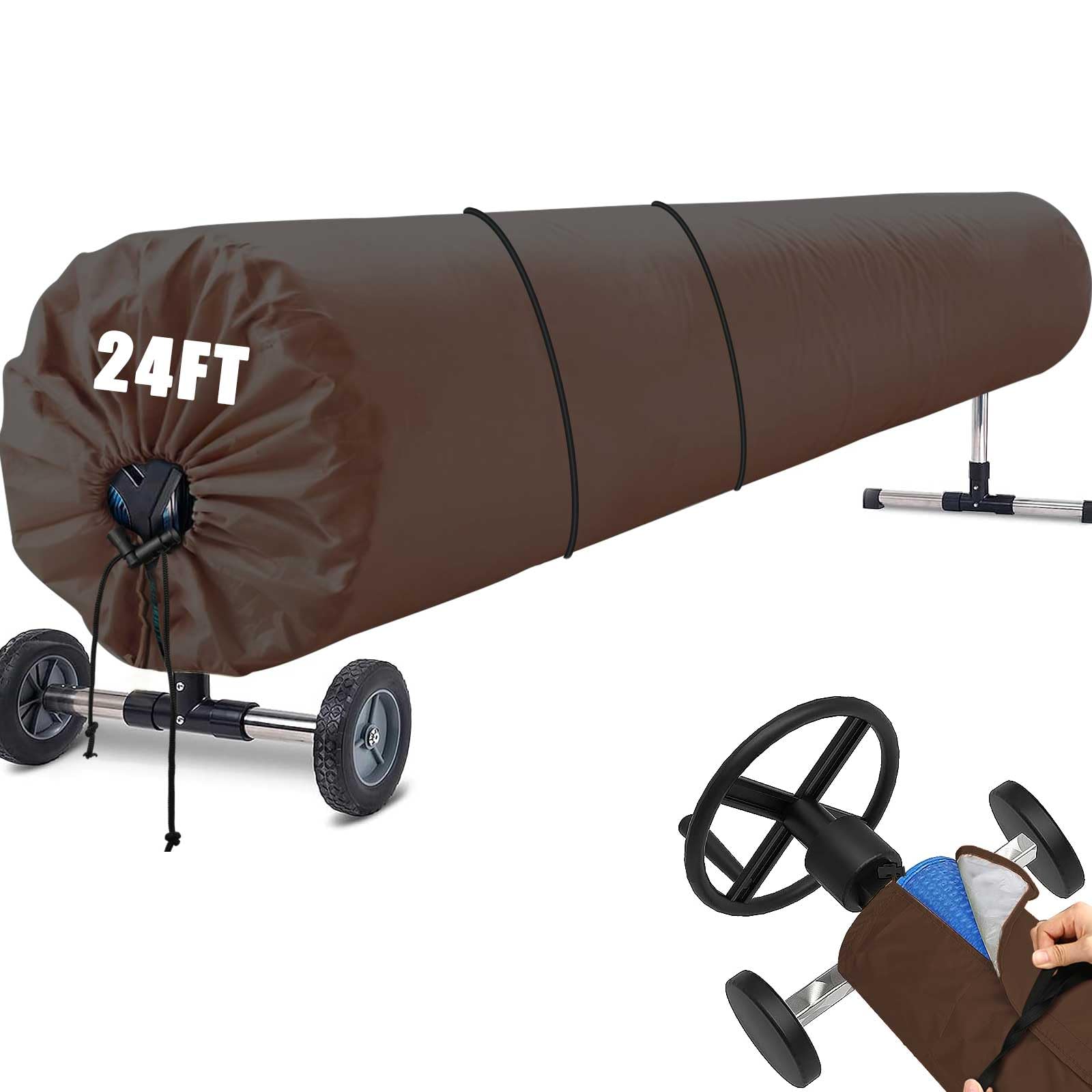 Photo 1 of Heavy Duty Pool Cover Reels for Inground Pools Swimming Pool Solar Reel Cover Roller Waterproof UV Resistant Solar Protective Blanket Cover (Coffee,24 ft) 24 ft Coffee