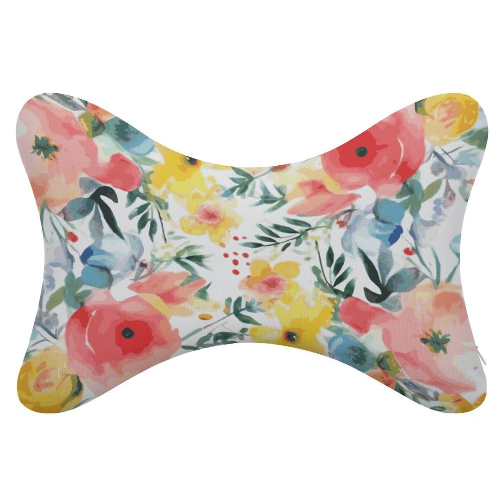JTREHY Bright Floral Watercolor Car Neck Pillow Dog Bone Shaped Travel Neck Headrest Back Chiropractic Car Support Pillow Adjustable Strap Sofa Lounge Chair Head Pillows for Car Seat