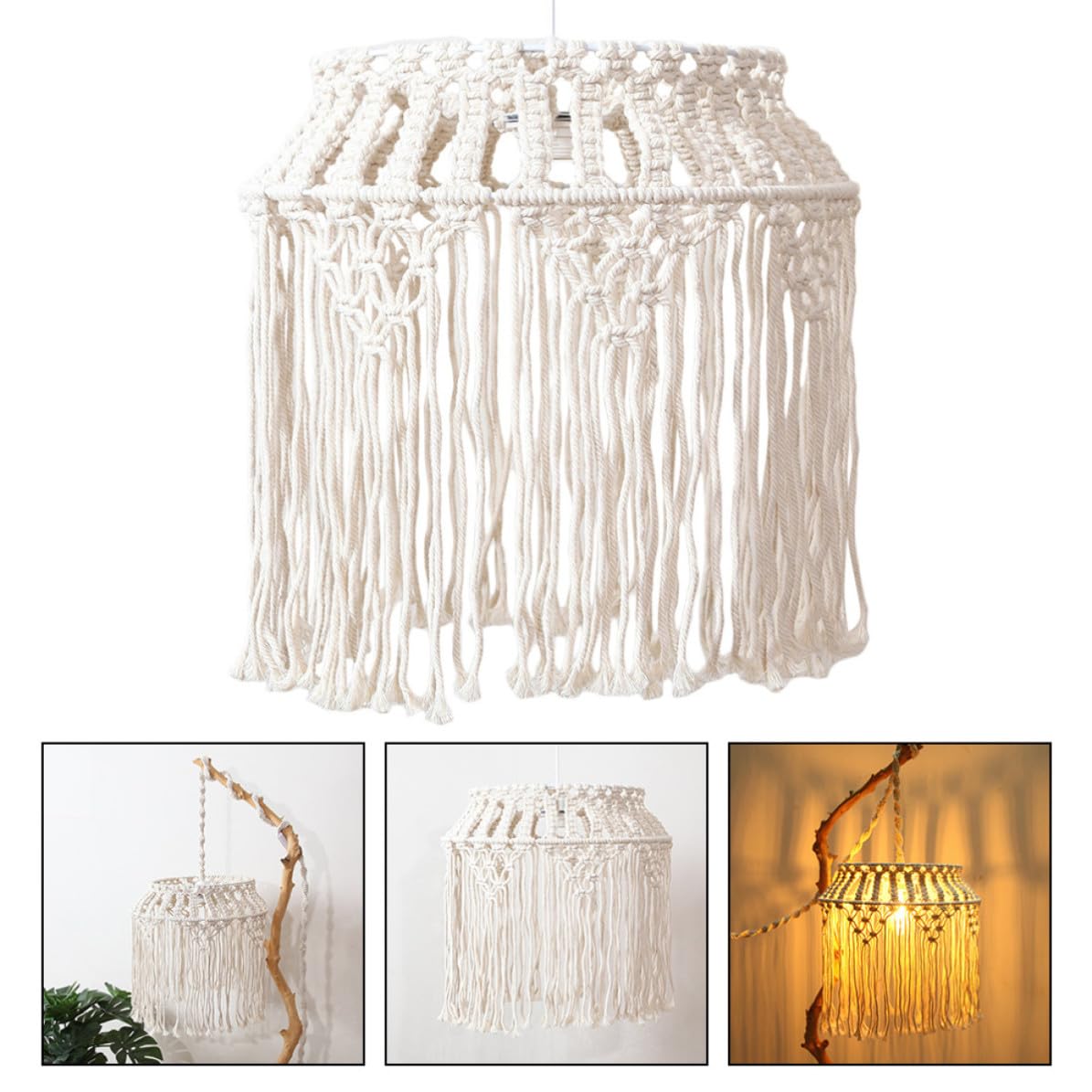 TOPBATHY Paralume Sospensione in Corda di Cotone Beige Intrecciato Stile Bohemien, Facile da Installare e Rimuovere, per Decorazione Casa e Lampade a Sospensione