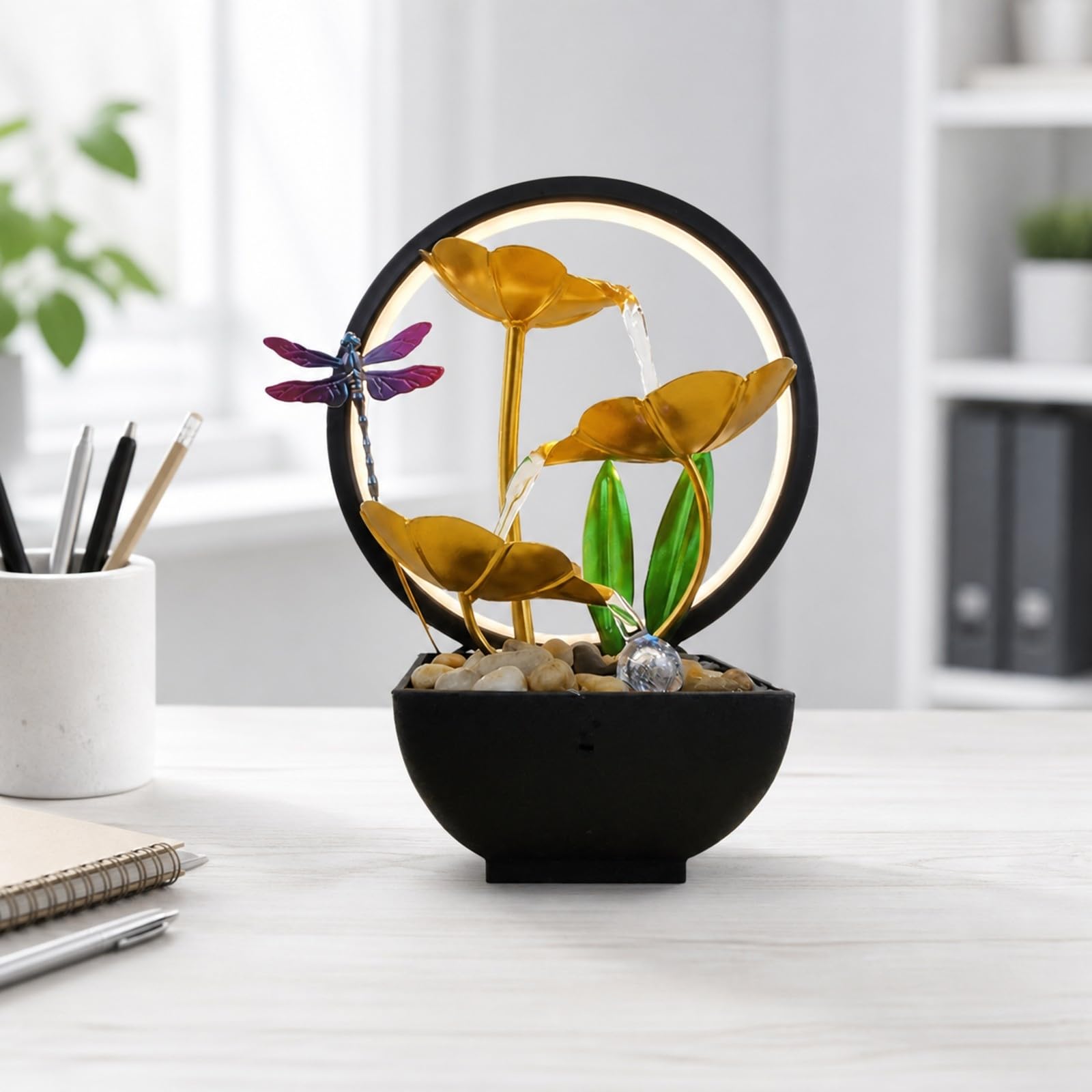 Fuente Mesa Metal con Piedras corativas Compacta Fuente corativa con Elementos Botánicos y Anillo Iluminado Morno parecibidor, Estilo E