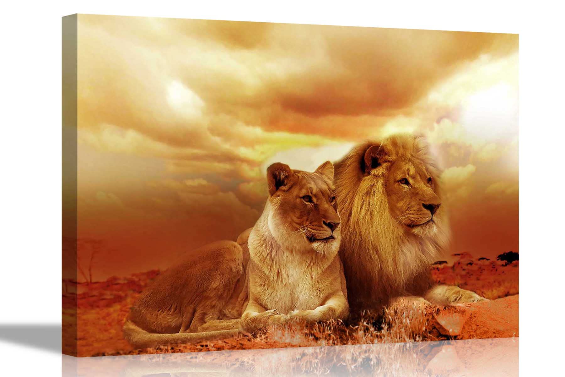 Artley Prints Orange Romantic Lion Couple Canvas Wall Art Prints Animal Pictures Stretched And Framed Poster Art For Home Livingroom Artwork Large 86 X 61Cm (34 X 24 Inches)
