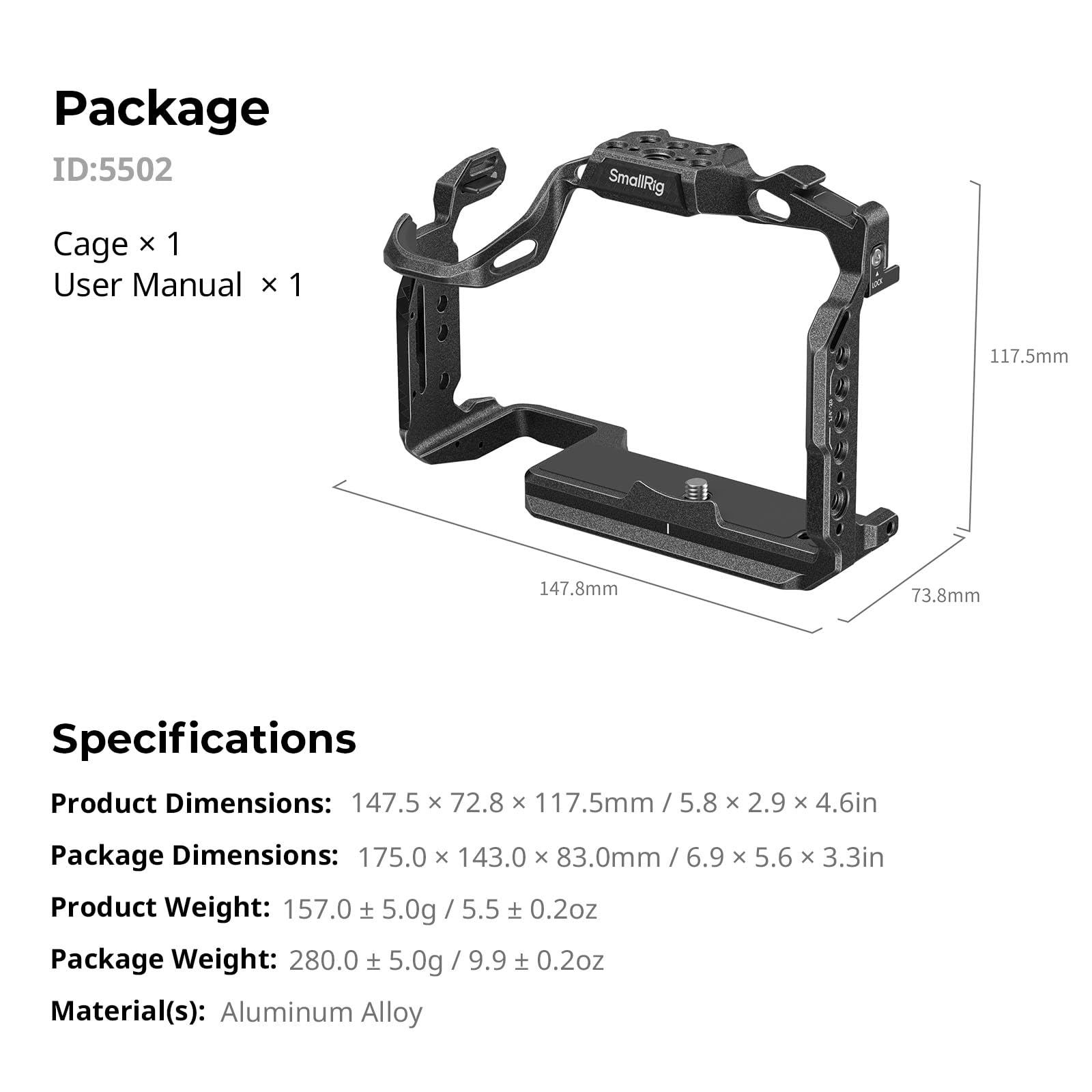 SMALLRIG Gabbia per fotocamera Panasonic S1R II/S1 II/S1 IIE, piastra a sgancio rapido integrata per Arca-Swiss, supporto per scarpa fredda, slot per cinghie, fori filettati da 1/4"-20 e 3/8" - 16