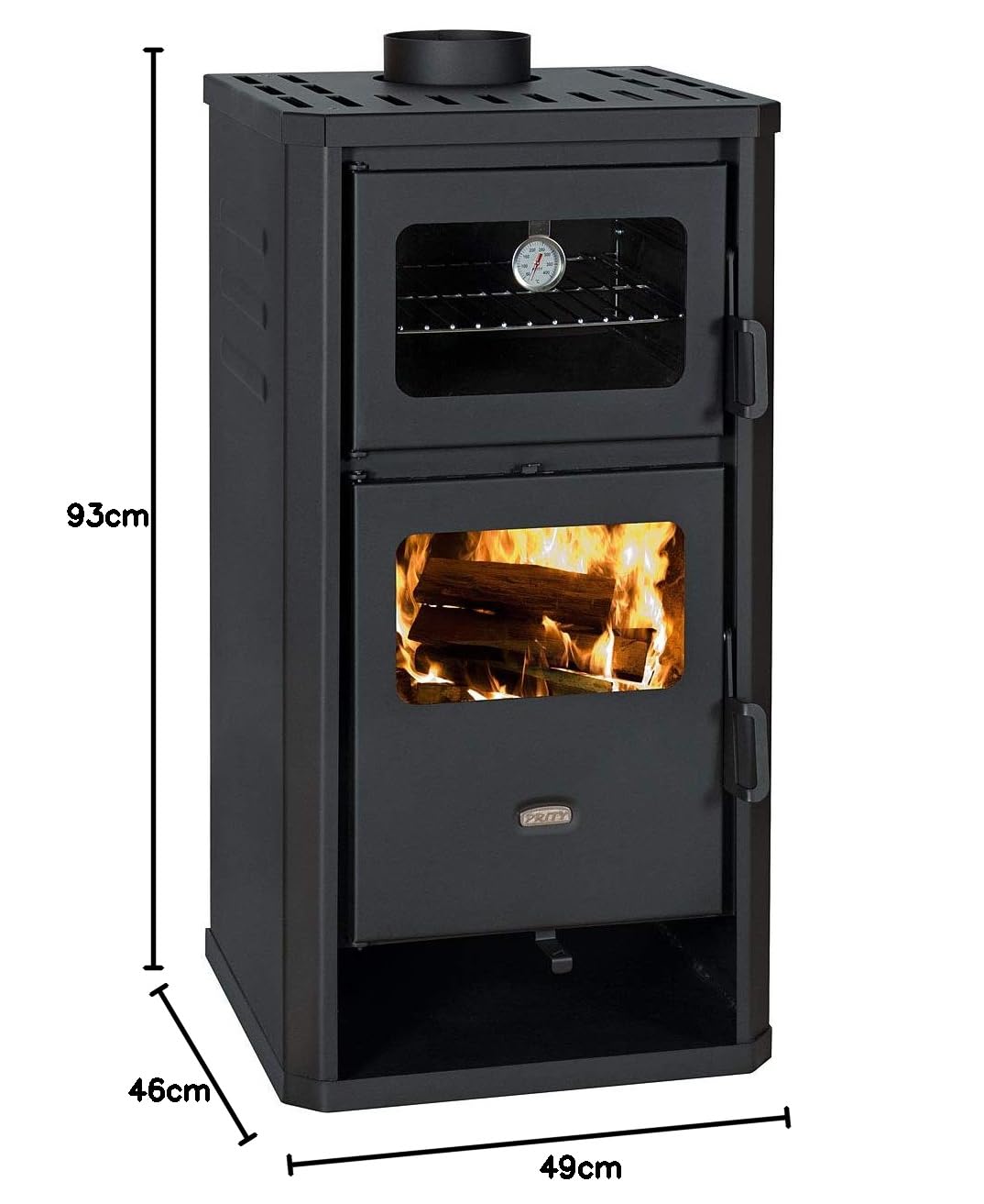 Prity Cheminée avec four, 12 kW, noir, bois, briquettes de bois, métal, autonome, ventilation directe, rendement 77,7 %, 101 kg, 49 x 46 x 93 cm