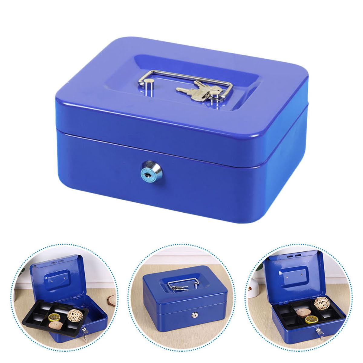 Boîte à Monnaie en Métal Bleue avec Serrure à Clé, Double Couche | Plateau Intérieur à Six Compartiments, pour Pièces, Bagues et Clés, Format Portable