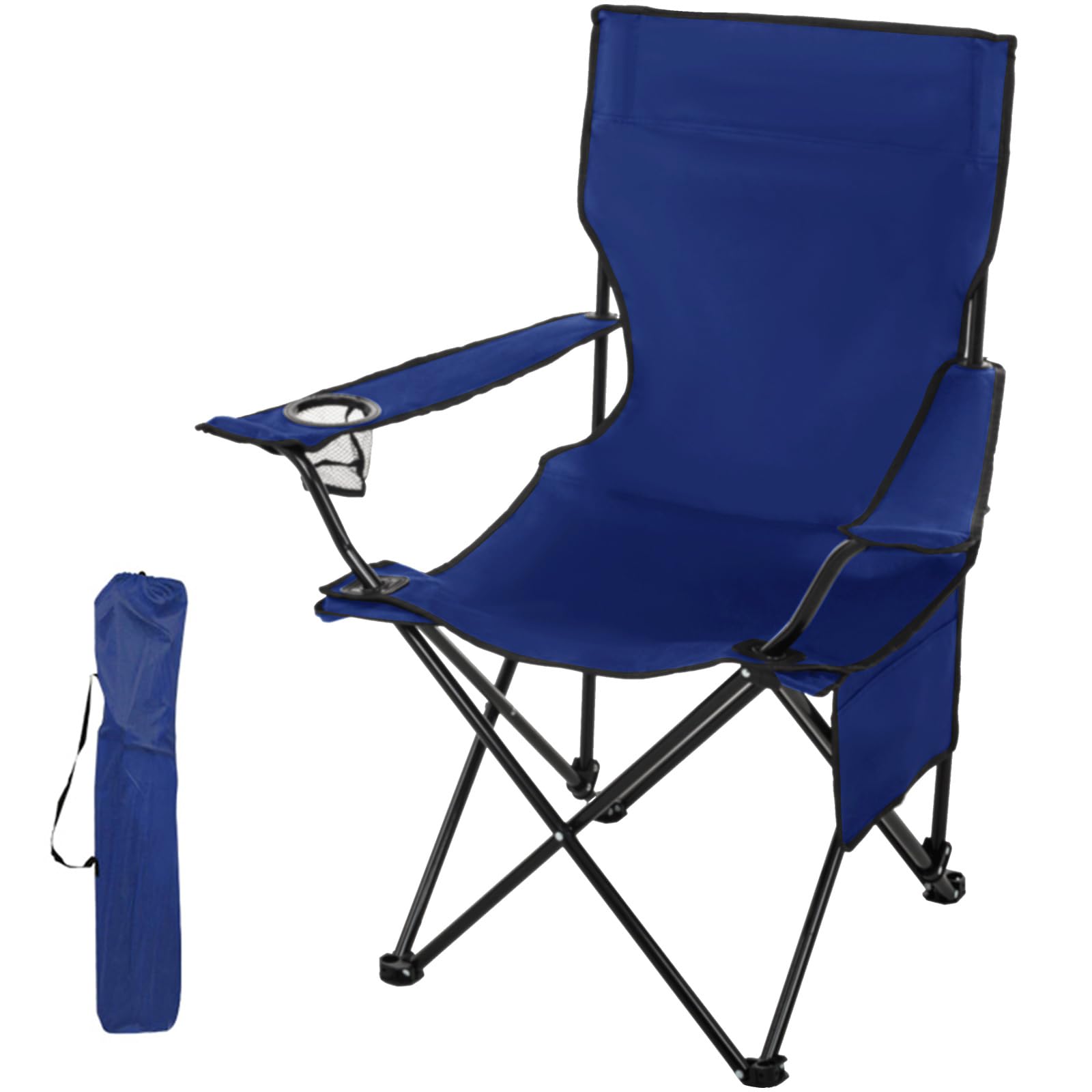 Large Portable Camping Chair, Folding Camp Chairs for Adults - Folding Design, Storage Pockets, Cup Holder, Carry Bag for Outdoors Fishing, Hiking, Travel, Picnic, Beach, Supports 300lbs, Navy Blue