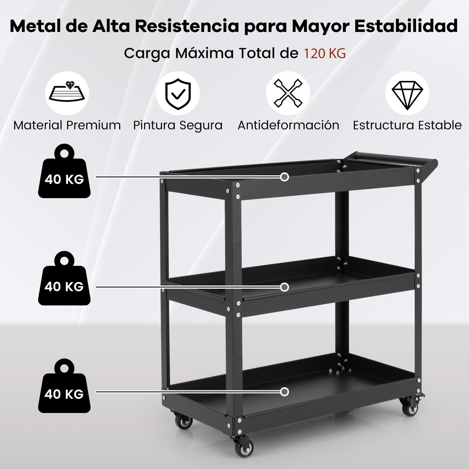 GYMAX Carro de Herramientas con 3 Niveles, Carro de Taller con Estantes de Almacenamiento, Asa y 4 Ruedas, 2 Bloqueables, Carga 120 kg, Carrinho Ferrramentas para Garaje Mecánico Hogar (Negro)