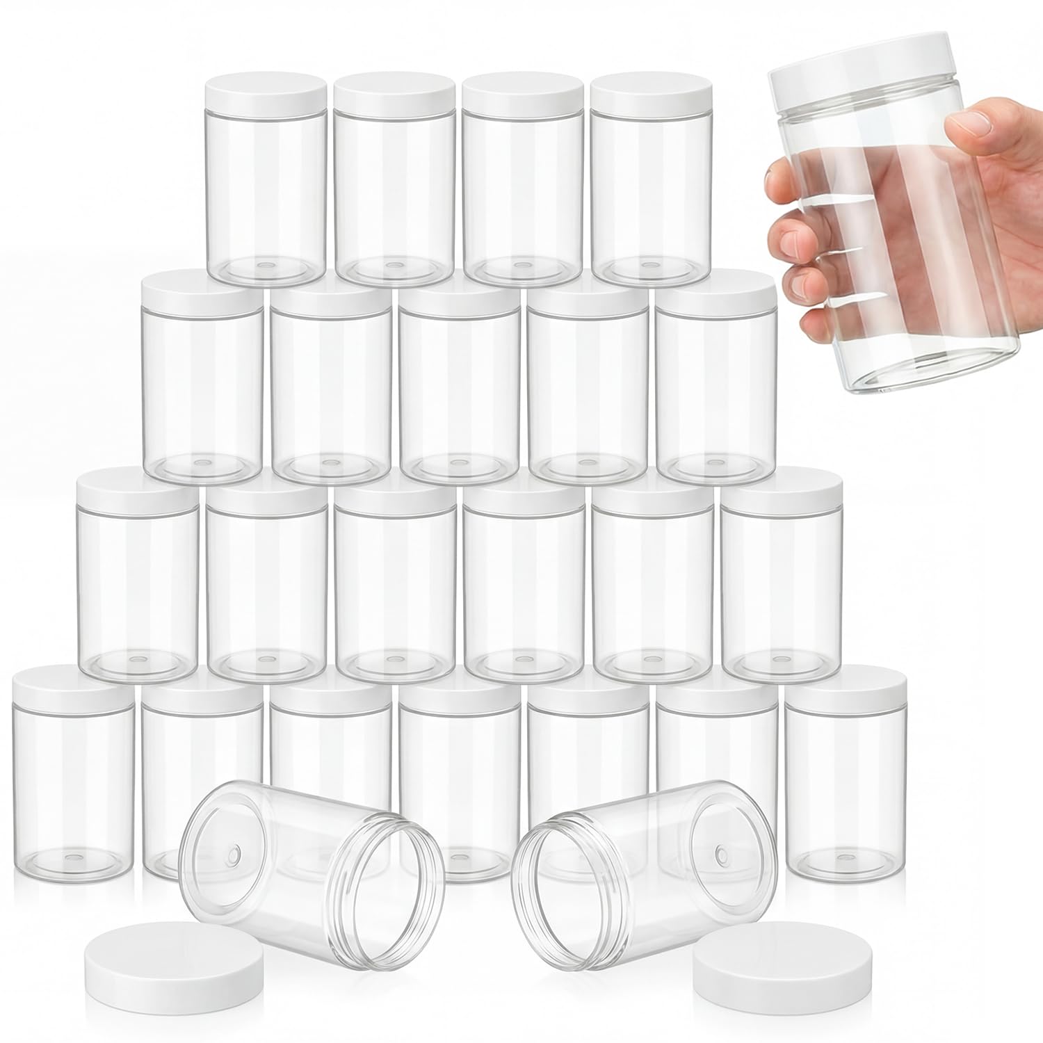 SATINIOR 24 Pieces Clear Plastic Jars with Lids, White Lid, 12 oz