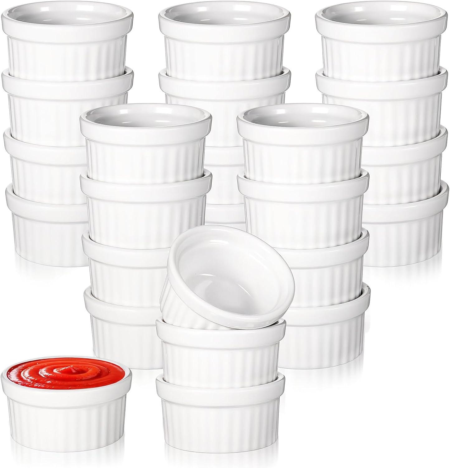 24 Pcs 1 oz Mini Ramekins Small White Ceramic Porcelain Souffle Dish Custard Sauce Dipping Dessert Cups Oven Safe Bowls for Charcuterie Pudding Creme Brulee Condiment Baking Bakeware