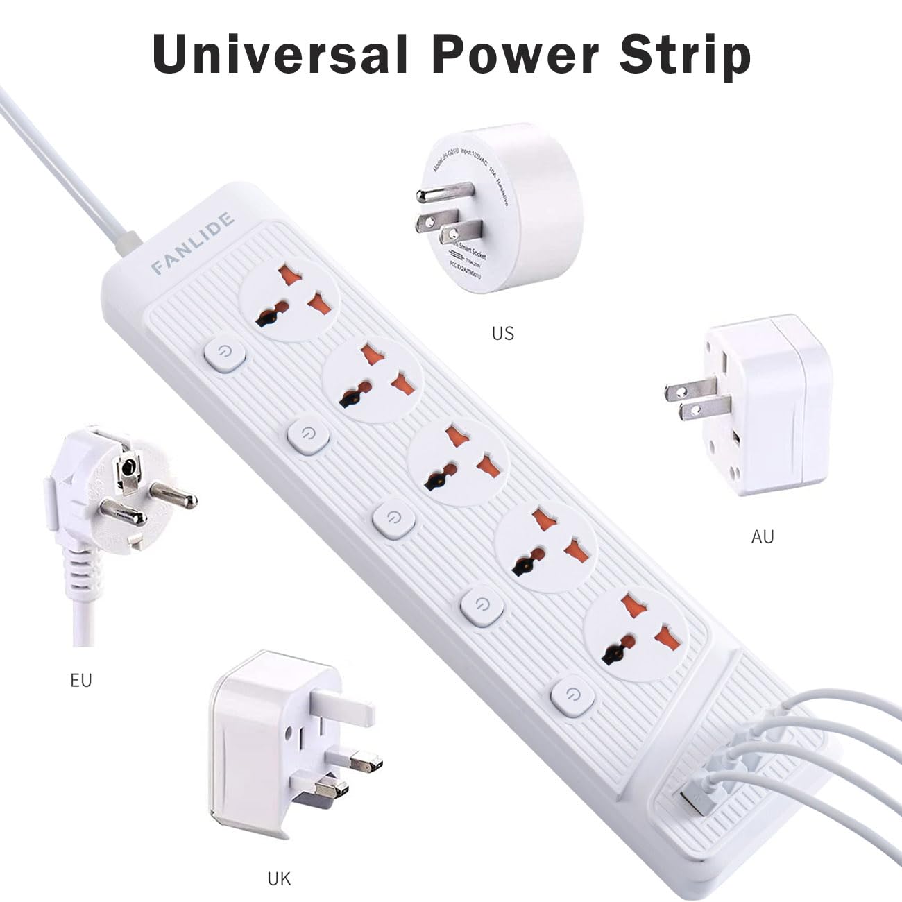 FANLIDE Universal Steckdosenleiste mit USB C, 5 Steckdosen 3 USB und 1 USB C Anschluss, Leitungsschutzschalter 2m Stromkabel